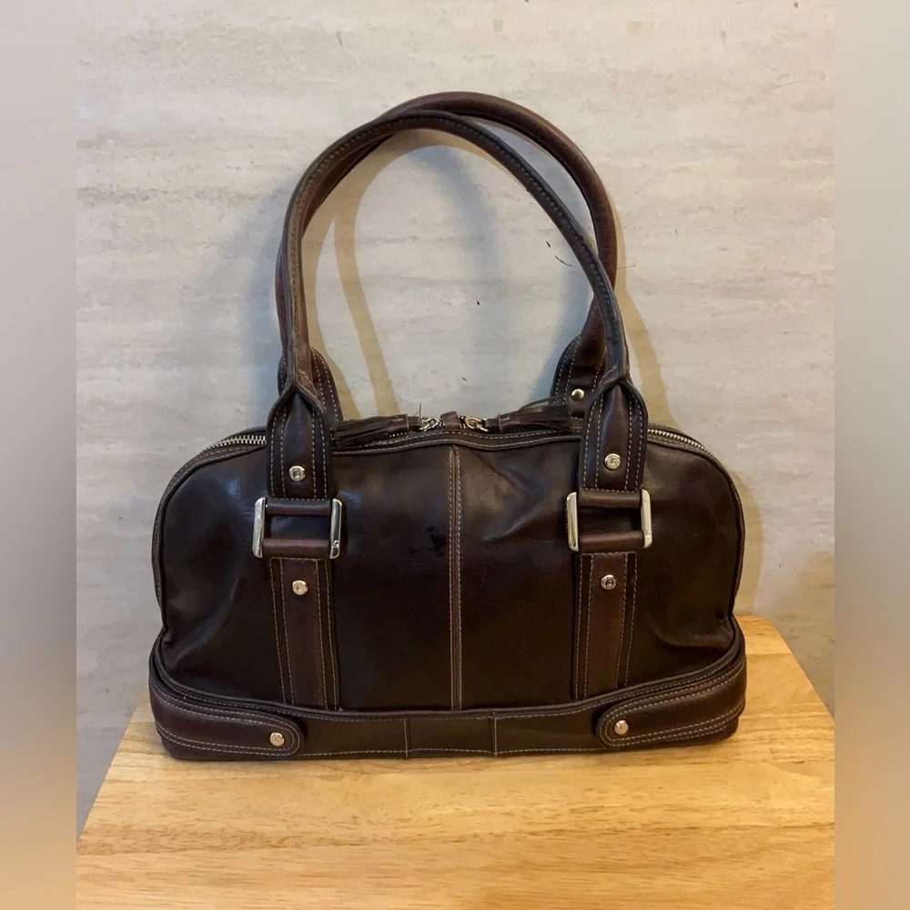 Vintage Liz Claiborne Women’s Dark Brown Leather Satchel with Dual Top Handles